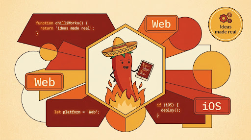A chilli mascot in a warm, geometric developer workspace